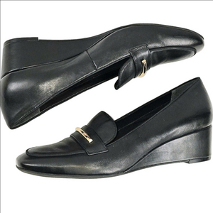 Preston & York Ellen Black Leather Slip On Wedge Heel Cushioned Loafer Pump
